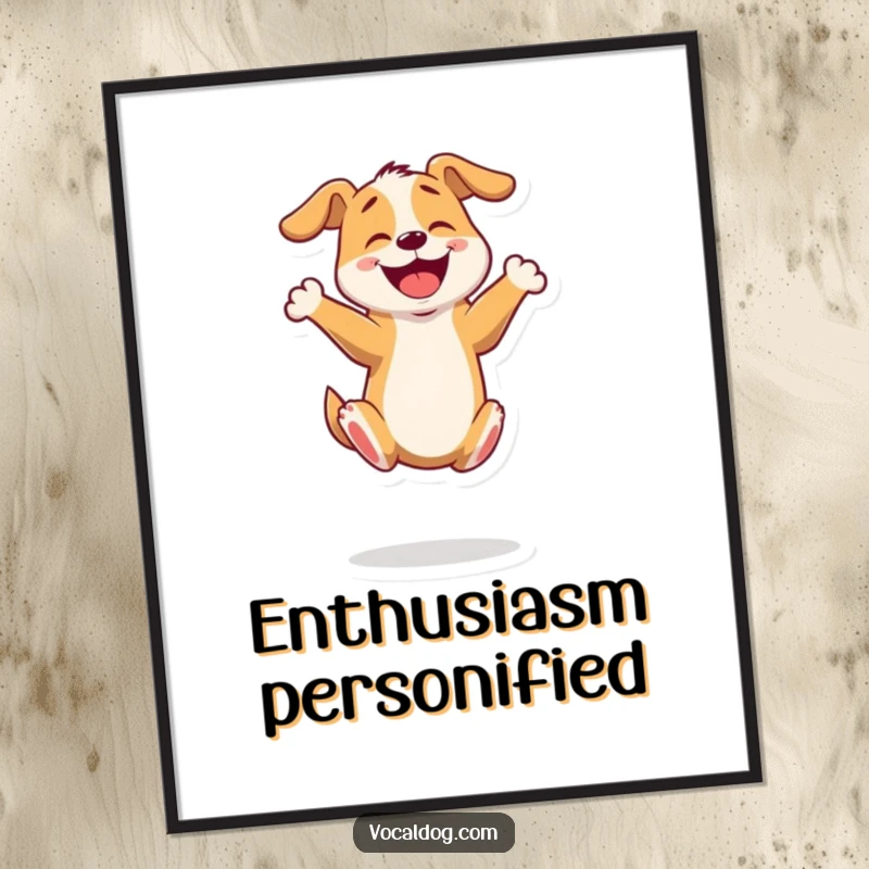 Funny digital art print of a dog character energetically bouncing on its hind legs, radiating happiness and excitement.