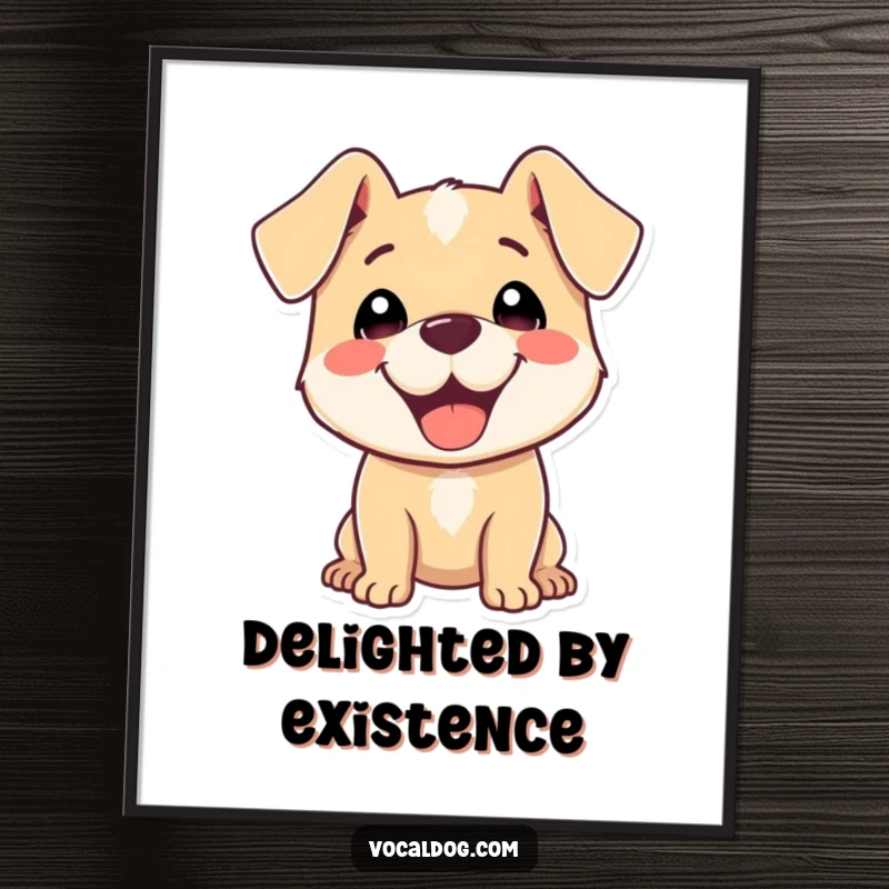 Funny Digital Art Print of a happy dog character with ears back, radiating pure delight and cheerful vibes.