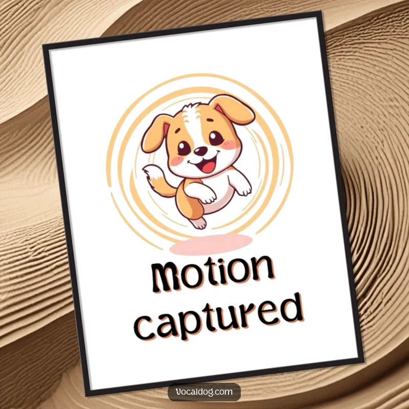 Funny digital art print of a dog character happily spinning in a dizzy circle while chasing its tail with great amusement.