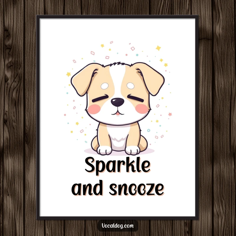 Funny digital art print of a dog with closed eyes, basking in a sparkling confetti shower, representing pure delight.