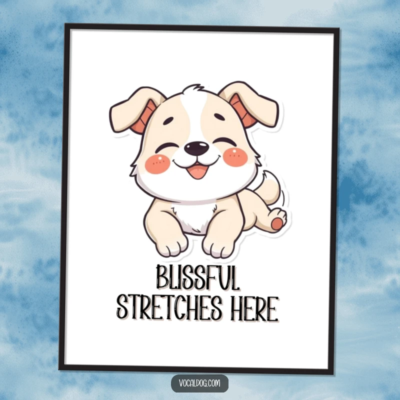Funny Digital Art Print of a dog character stretching out languidly with a blissful smile of pure relaxation.
