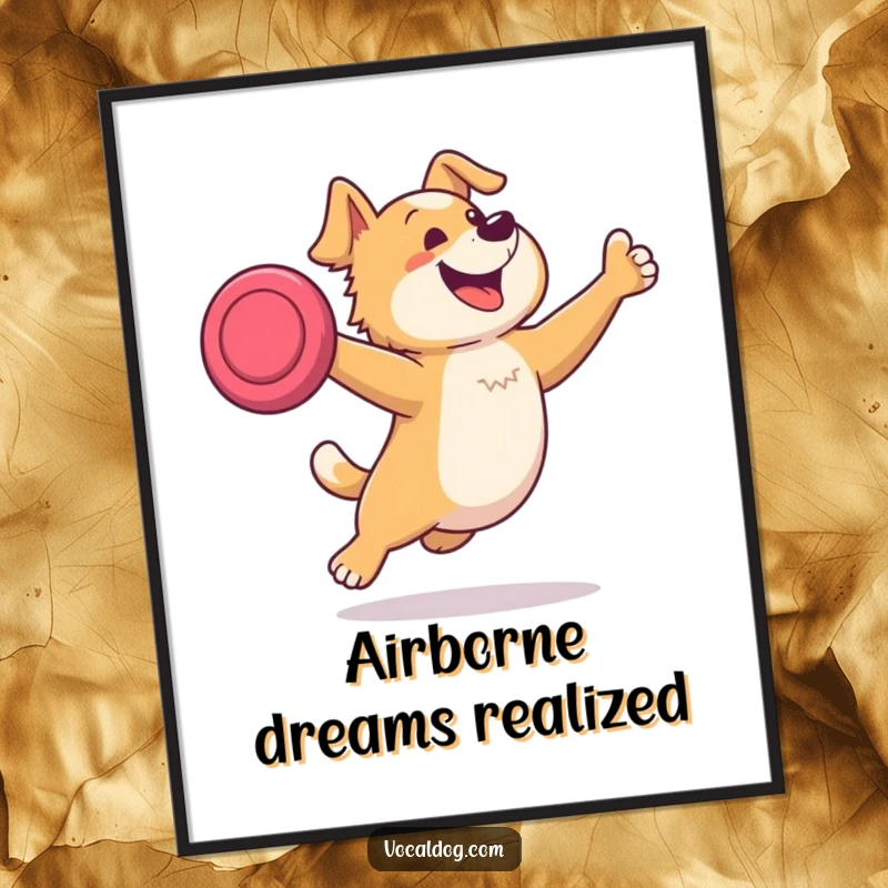 Funny digital art print of a dog joyfully leaping high to catch a frisbee, capturing dynamic action and pure canine happiness for wall decor.