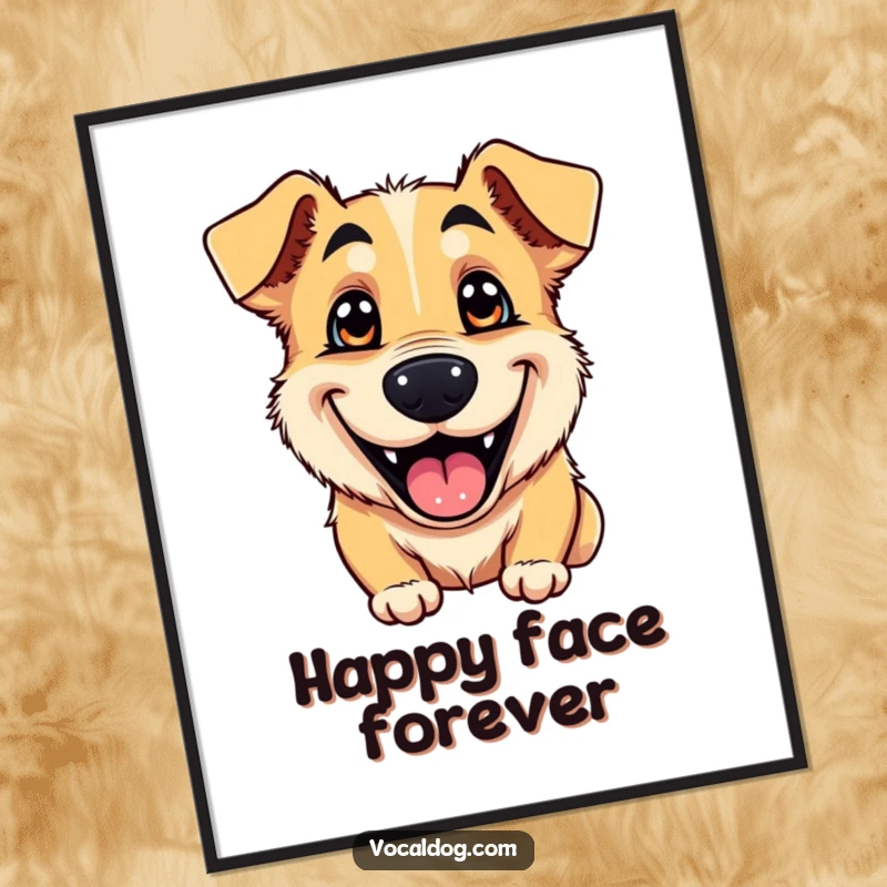 Funny digital art print of a dog’s wide, ecstatic grin and shining eyes, conveying pure, infectious happiness.