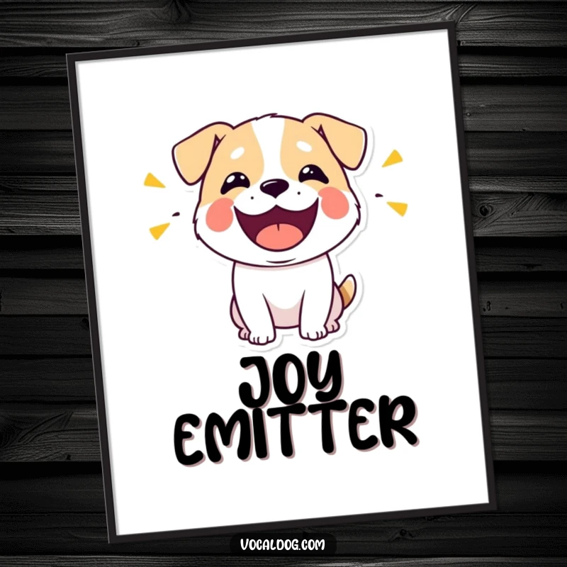 Funny digital art print of a stylized dog character with its mouth wide open, emitting visible, cheerful, happy sounds.