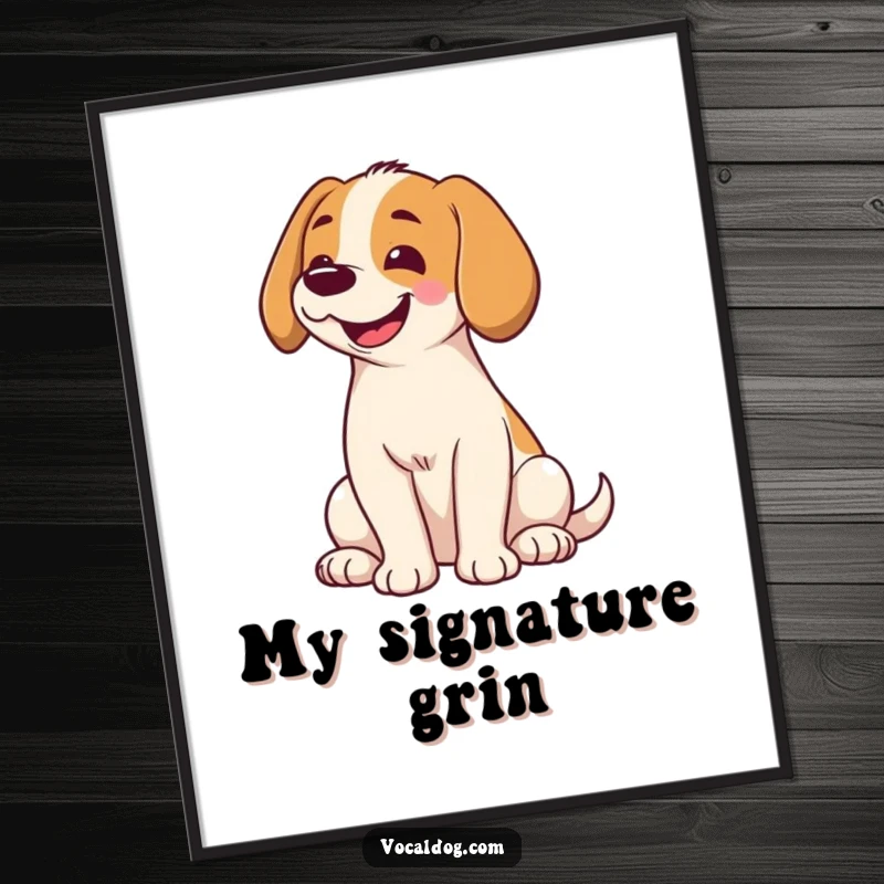 Funny digital art print of a dog sitting with head tilted and a wide smile, conveying pure joy and adorable canine charm for wall art.