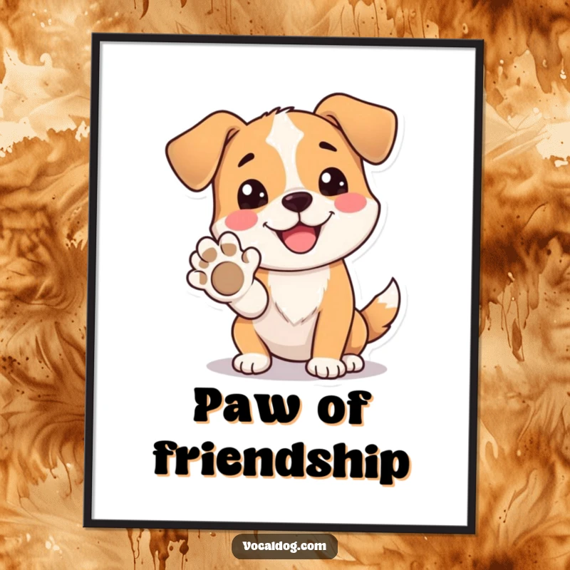 Funny Digital Art Print of a dog beaming happily while offering its paw, perfect for instant decor and joy.