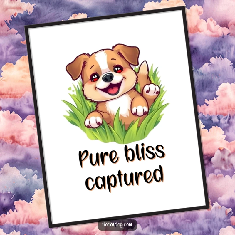 Funny digital art print of a dog joyfully rolling in lush green grass, eyes sparkling, capturing ultimate canine happiness, instant wall decor.