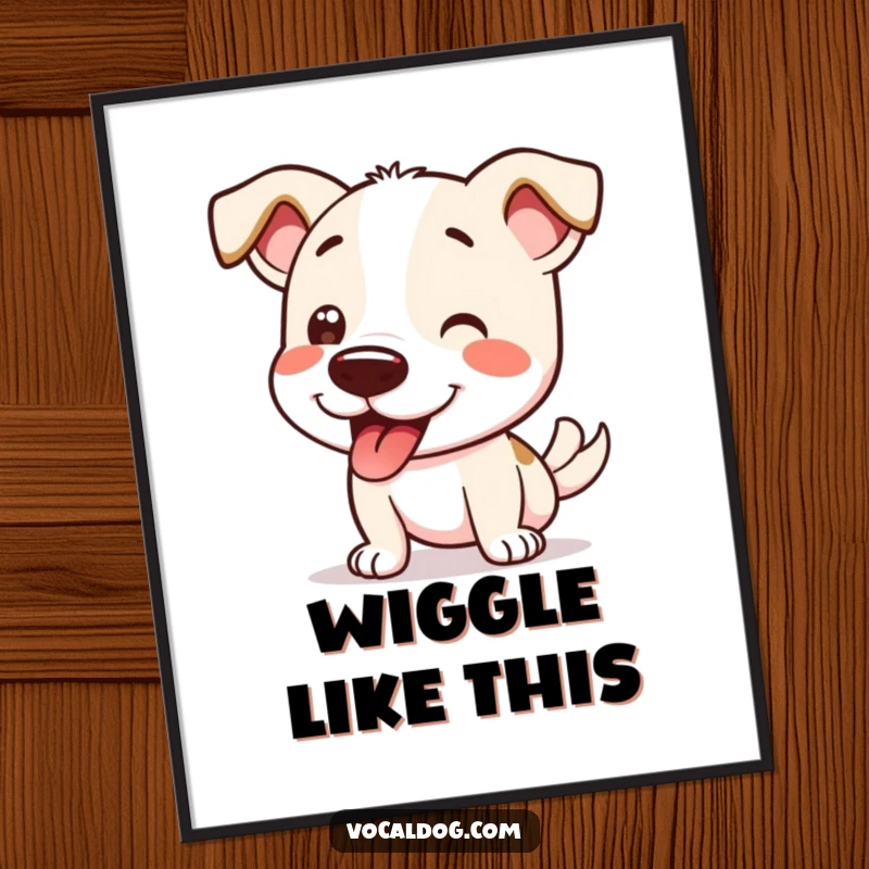 Funny Digital Art Print of a dog doing a full-body happy wiggle, perfect for instant decor and pure joy.