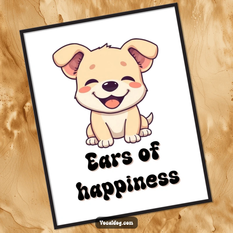 Funny digital art print of a dog character with its ears comically flopped back, conveying absolute joy and contentment.