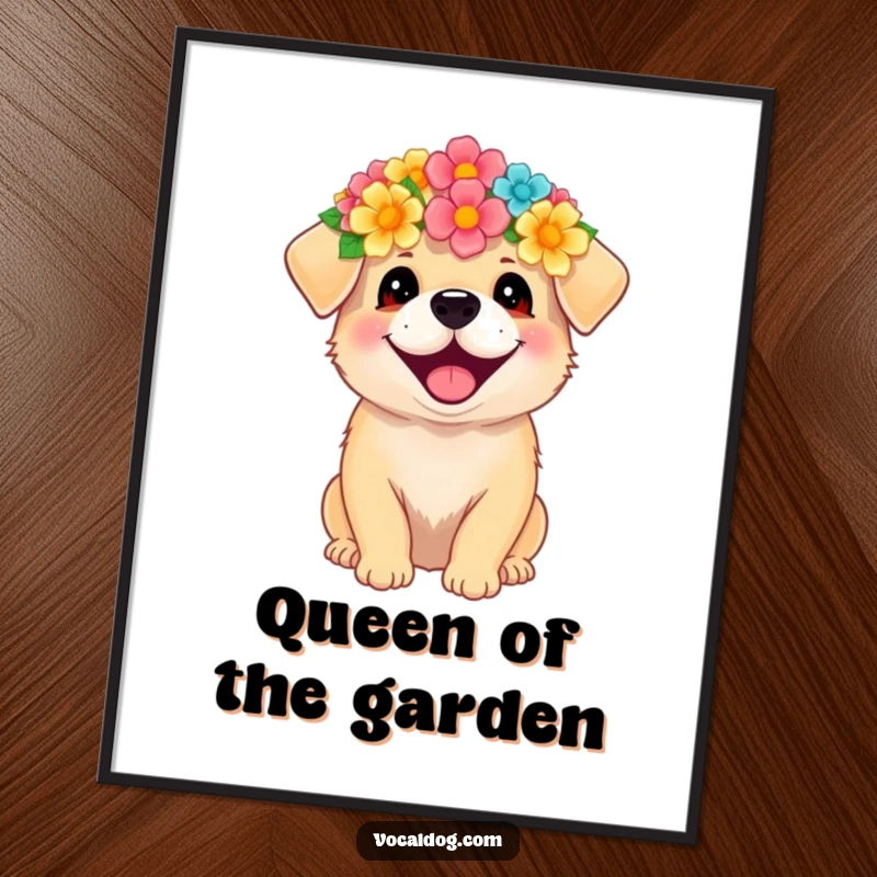 Funny digital art print of a dog wearing a flower crown, radiating immense happiness and cheerful floral beauty.