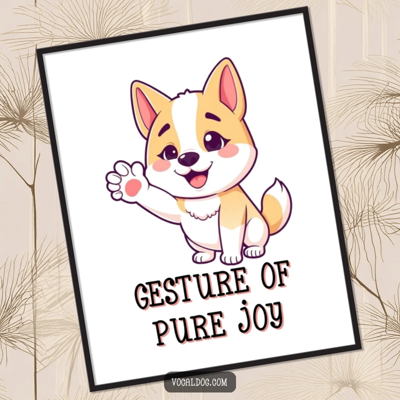 Funny digital art print of a happy dog character with an outstretched paw, offering a friendly and welcoming gesture.