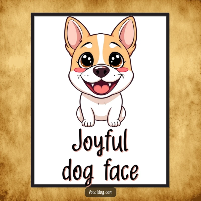 Funny digital art print of a dog with sparkling eyes and an enormous, happy grin, radiating pure excitement and infectious joy.