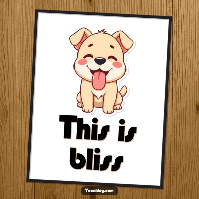 A happy dog character with its tongue lolling out in utter contentment, creating a joyful and humorous digital art print.