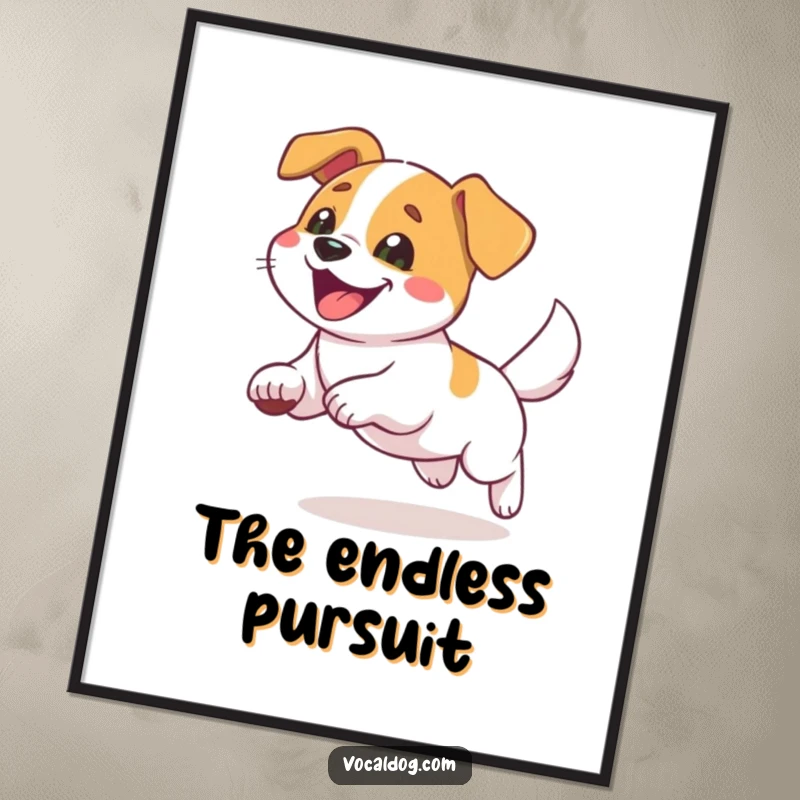 Funny digital art print of a dog in a state of pure delight while chasing its tail, a humorous illustration.