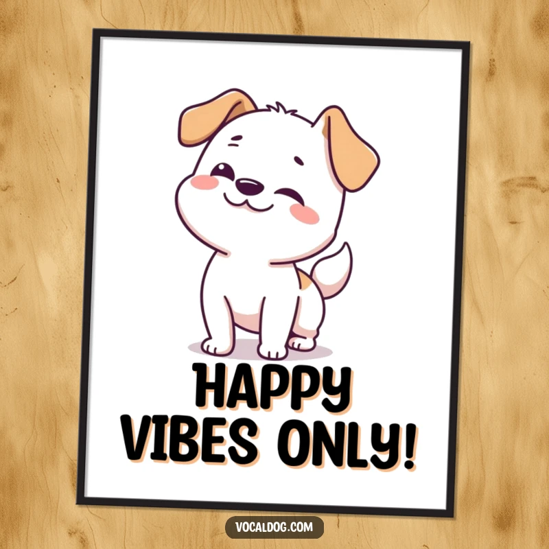 Funny dog digital art print of a happy dog doing a full-body wiggle from nose to tail, ready for display.
