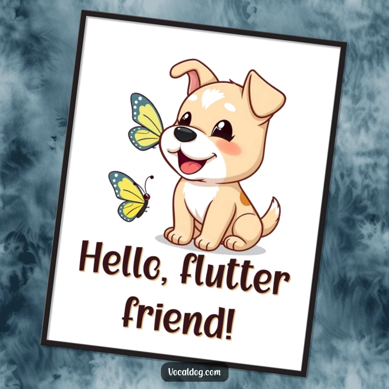 Funny dog digital art print of a happy dog barking a greeting to a butterfly, ready for instant display.