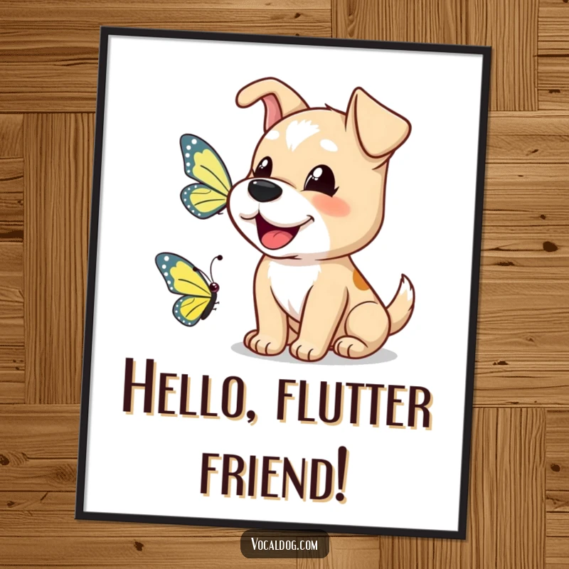 Funny dog digital art print of a happy dog barking a greeting to a butterfly, ready for instant display.
