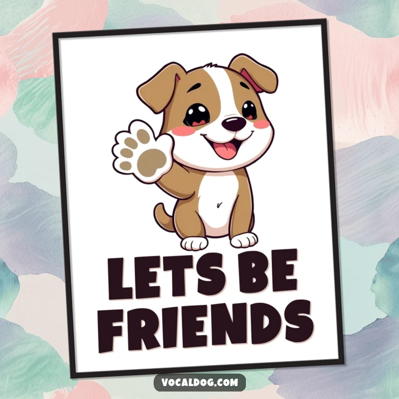 Funny digital art print of a beaming dog character offering its paw, an instant downloadable piece of artwork that radiates happiness.