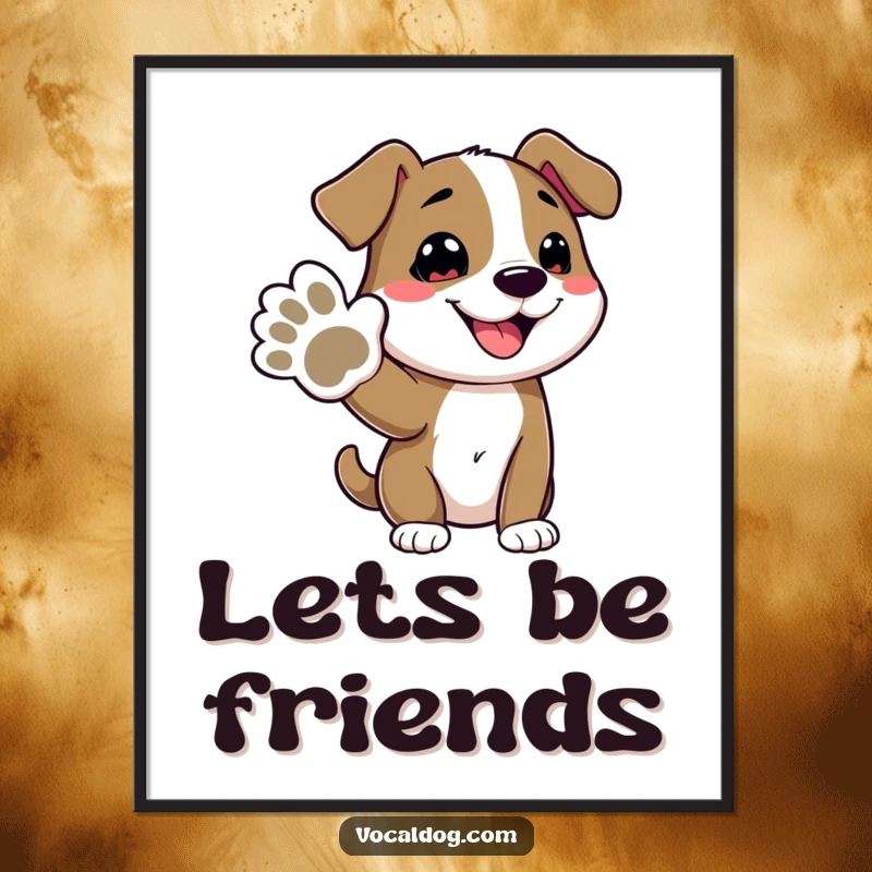 Funny digital art print of a beaming dog character offering its paw, an instant downloadable piece of artwork that radiates happiness.