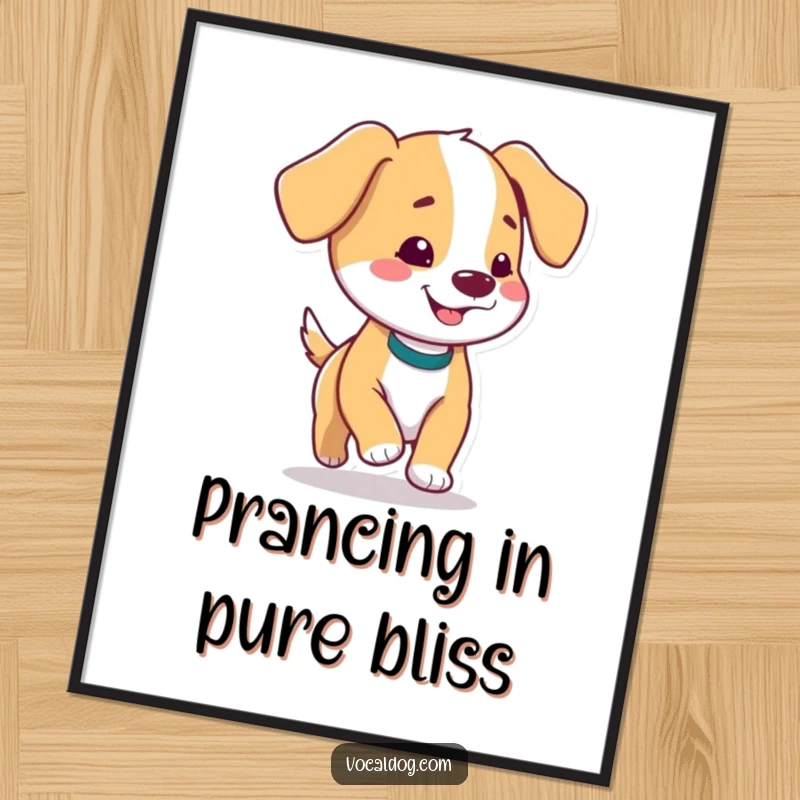 Funny digital art print of a dog with floppy ears prancing with pure delight, capturing infectious happiness and joy.