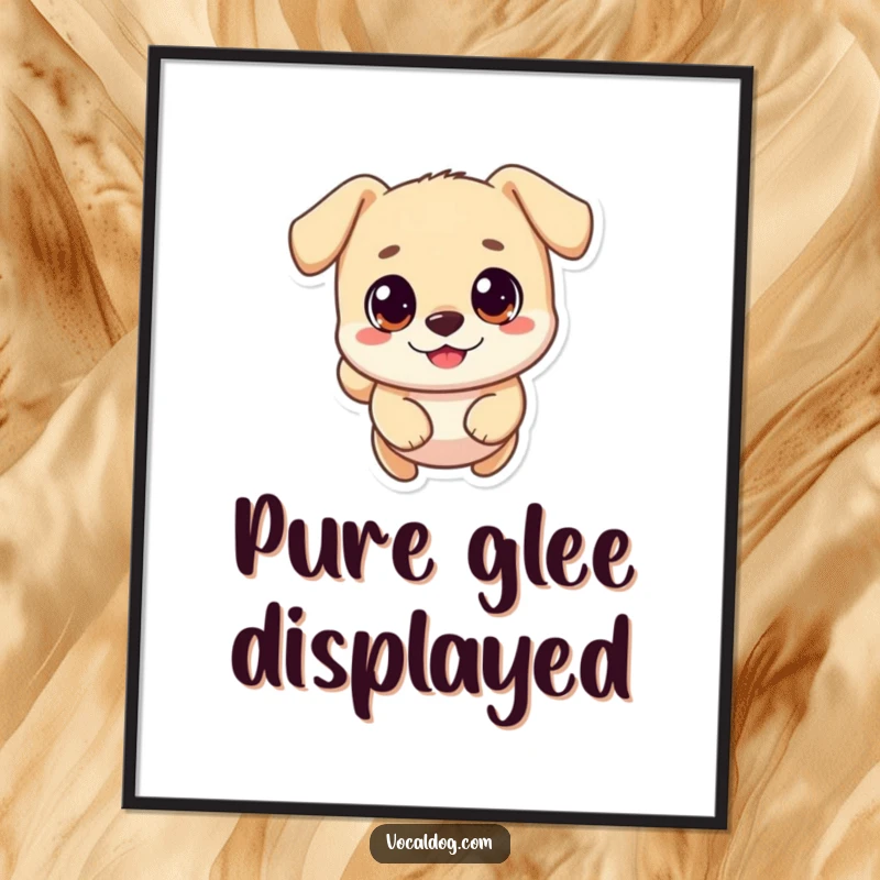 Funny digital art print of a small, round dog with big happy eyes, joyfully leaping, radiating pure excitement.