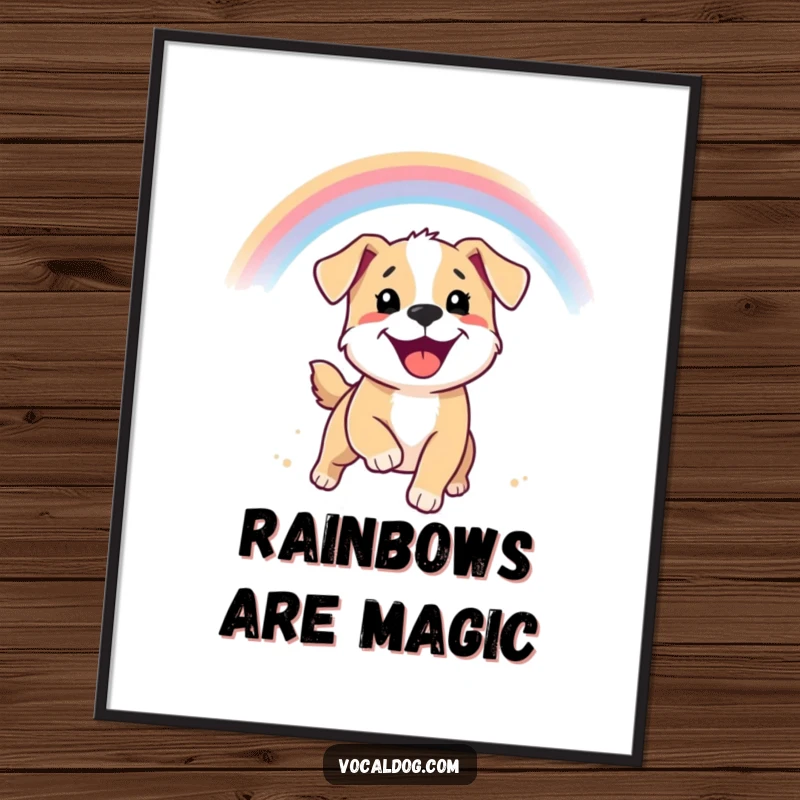 Funny digital art print of a smiling puppy chasing a rainbow, embodying pure joy and colorful dreams.