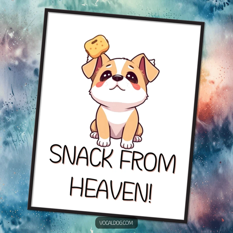 Funny dog digital art print of a dog gazing upwards with adoration at a floating treat, ready for display.