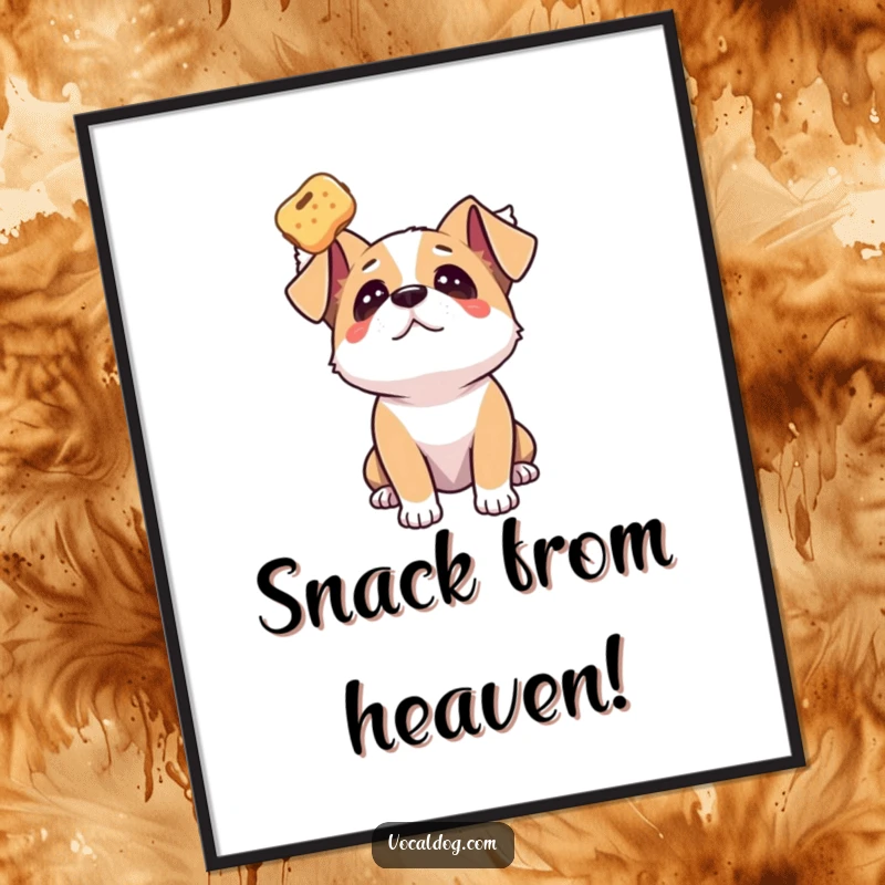 Funny dog digital art print of a dog gazing upwards with adoration at a floating treat, ready for display.