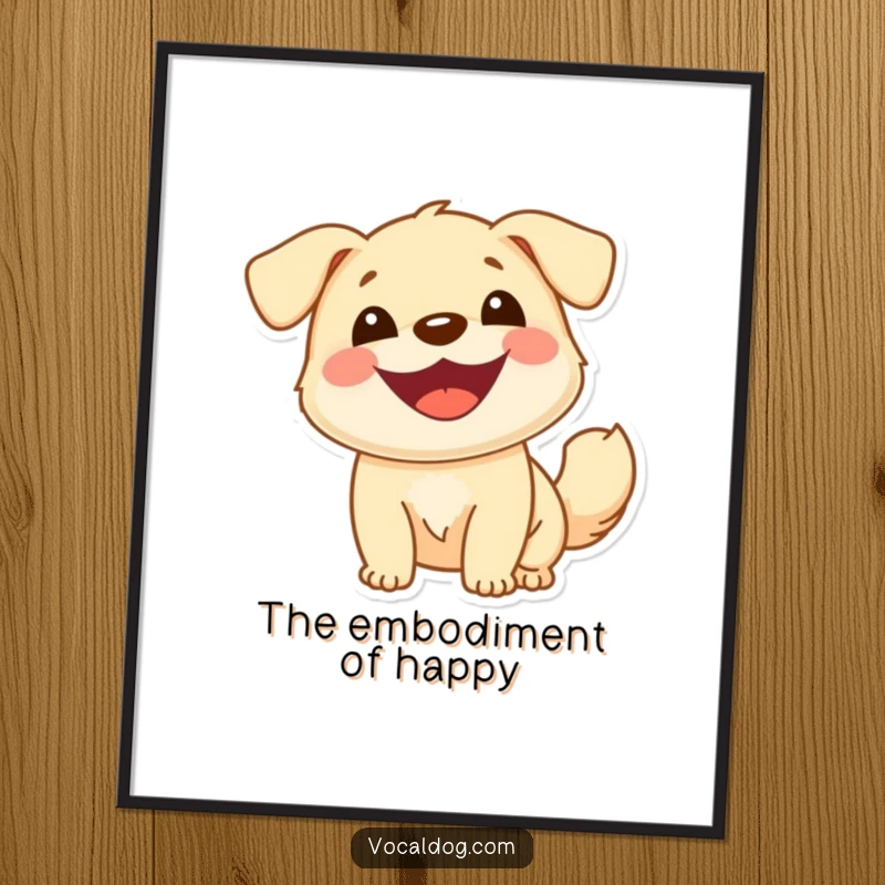 Funny digital art print of a cheerful dog with a wide smile and a bouncy tail, radiating pure canine joy and happiness, instant wall decor.