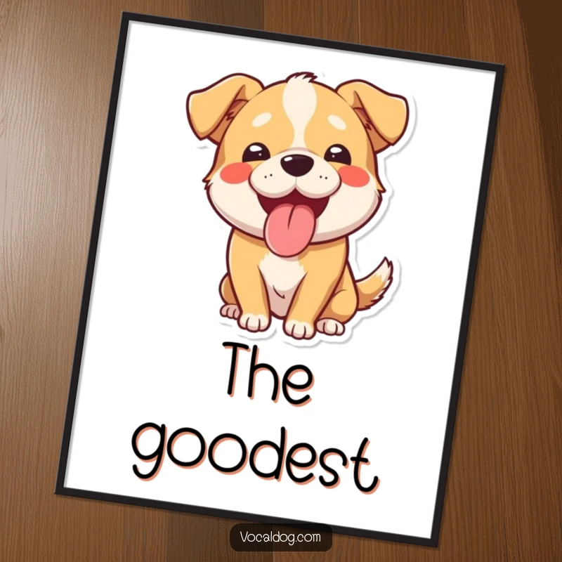 Funny digital art print of a dog panting with its tongue out and a wide, beaming smile. Instant funny decor for dog lovers.