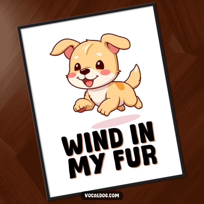 Funny Digital Art Print capturing a dog character running with ears flapping wildly, conveying unstoppable joy and speed.