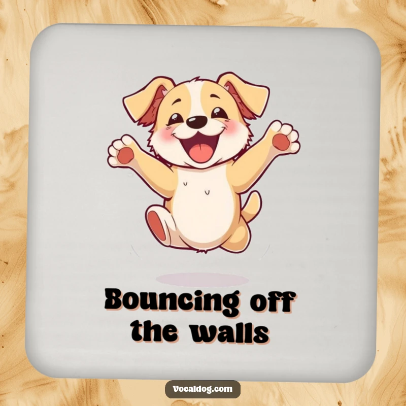 Funny Drink Coasters capturing a dog jumping with unrestrained excitement and flailing paws, adding a humorous touch to any table.