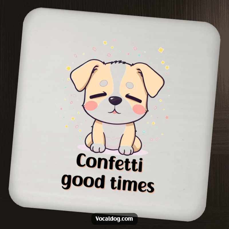 Funny drink coaster with a dog blissfully enjoying sparkling confetti with eyes closed, adding a festive touch.