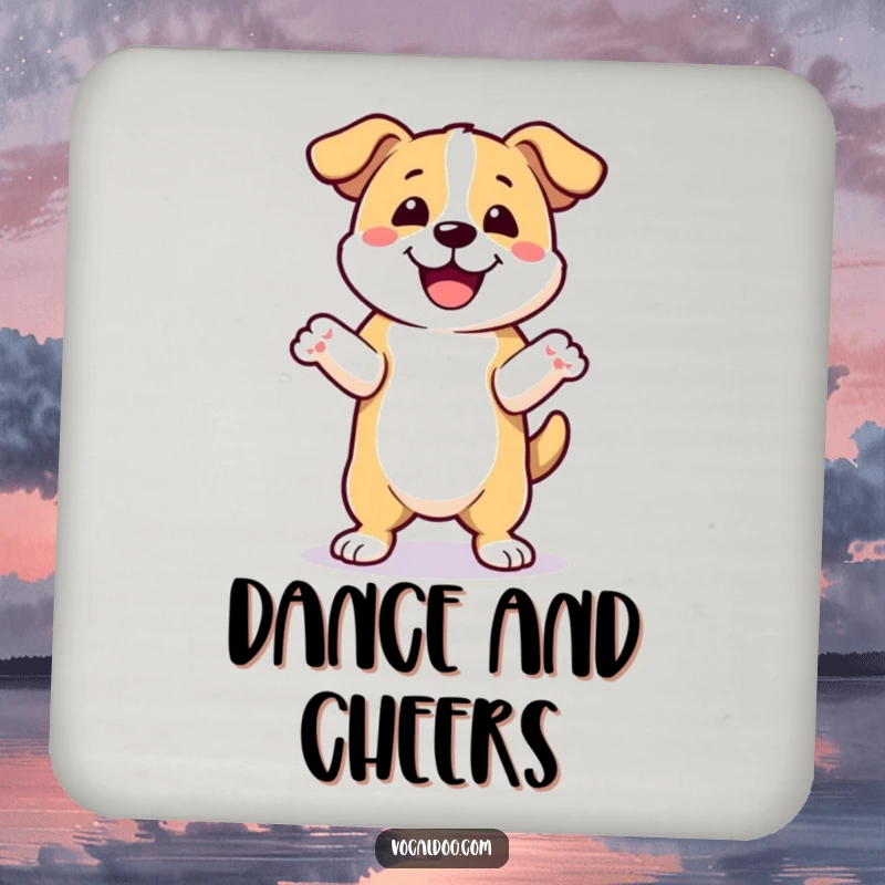 Funny happy dance dog coasters featuring a dog joyfully dancing with front paws up, protecting surfaces with humor. Perfect funny gift.