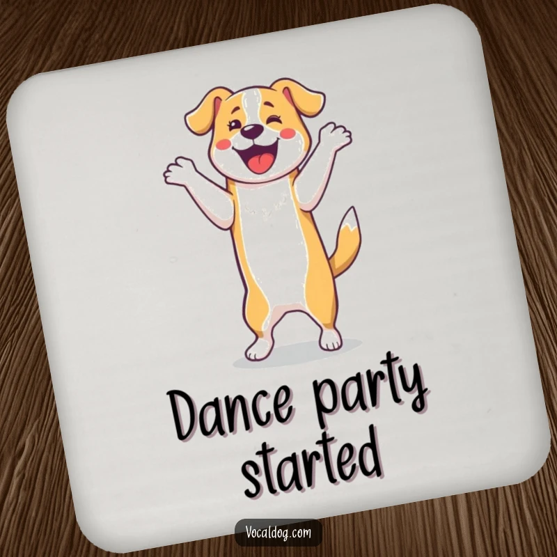 Funny Coasters: A dog doing a jubilant happy dance on its hind legs. These funny coasters add energetic charm and protection.