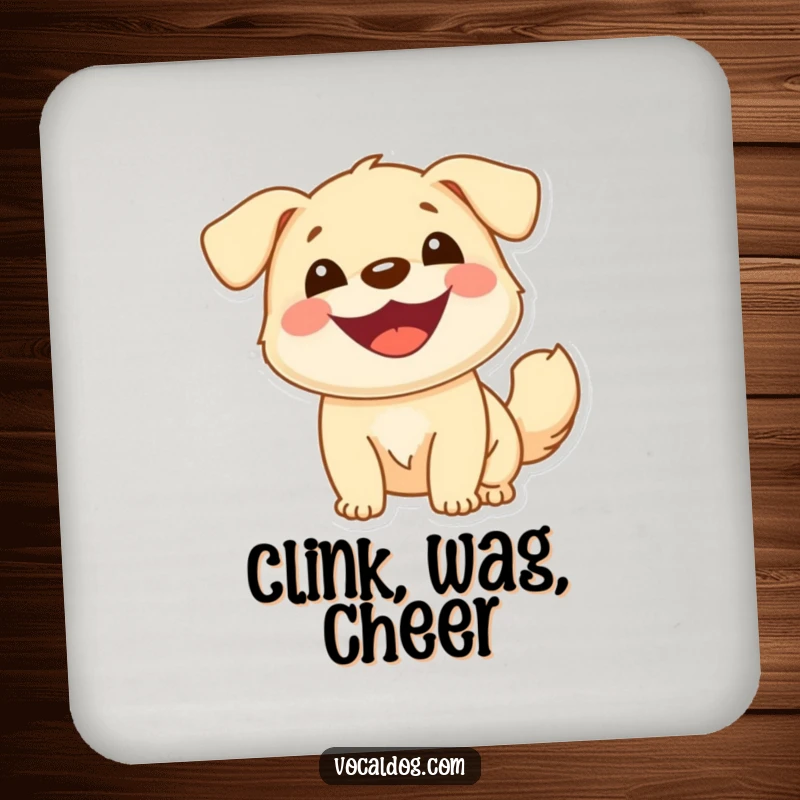 Funny coaster featuring a cheerful dog with a wide smile and a bouncy tail, adding humorous canine joy, protective accessory.