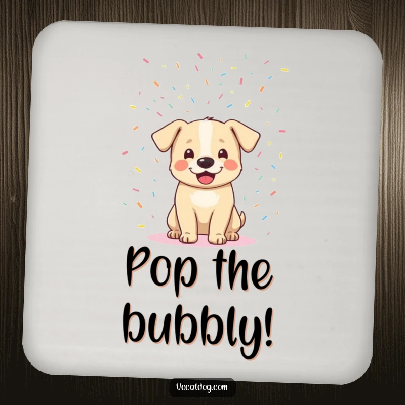 Funny dog confetti coasters with a joyful dog amidst a colorful confetti shower, protecting surfaces with humor and celebration vibes. Perfect funny gift.