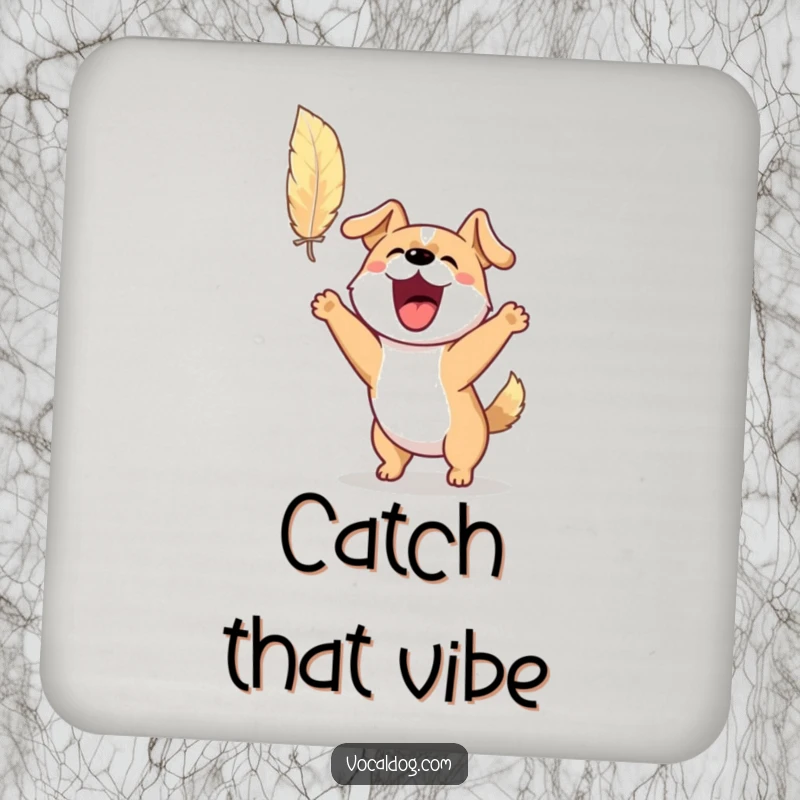Funny coasters showcasing an excited dog barking and jumping for a floating feather, protecting surfaces with playful charm.