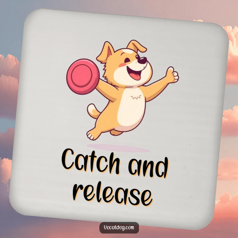 Funny drink coasters featuring a dog joyfully leaping to catch a frisbee, protecting surfaces with a dose of playful energy and canine charm.