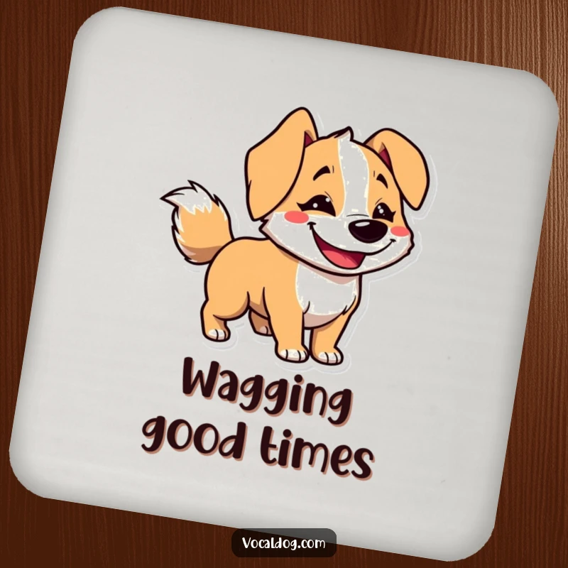 Funny coasters showcasing a dog character’s goofy grin and a tail blurred from energetic wagging, protecting surfaces with style.