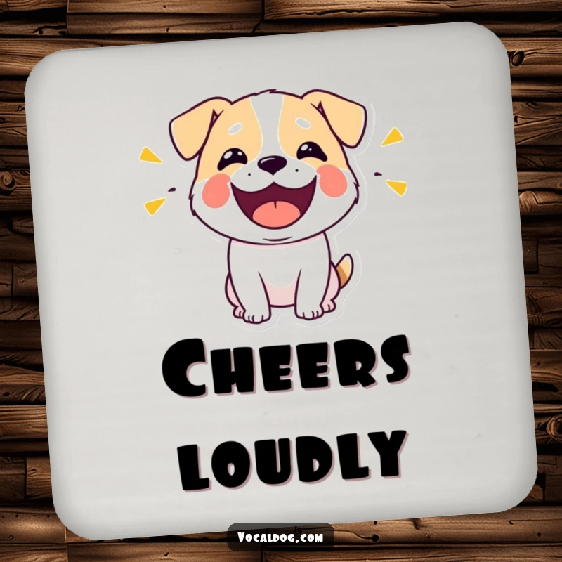 Funny drink coaster featuring a stylized dog's wide-open mouth, visually representing loud and happy sound emissions for tabletop protection.