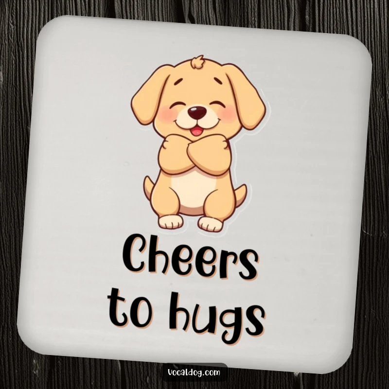 Funny drink coasters depicting a dog character giving a big, warm, welcoming hug, full of affection.