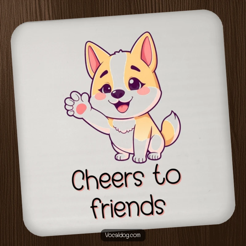 Funny coaster featuring a happy dog character with an outstretched paw, offering a friendly gesture for tables.