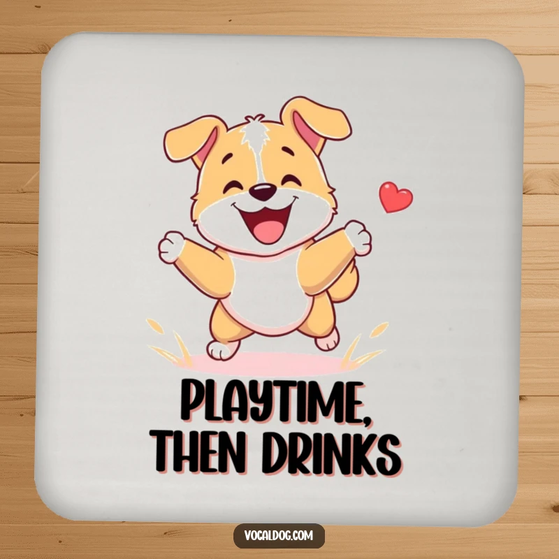 Funny Dog Coasters featuring a dog character playing fetch with immense happiness, promoting playful joy with a humorous and decorative touch.