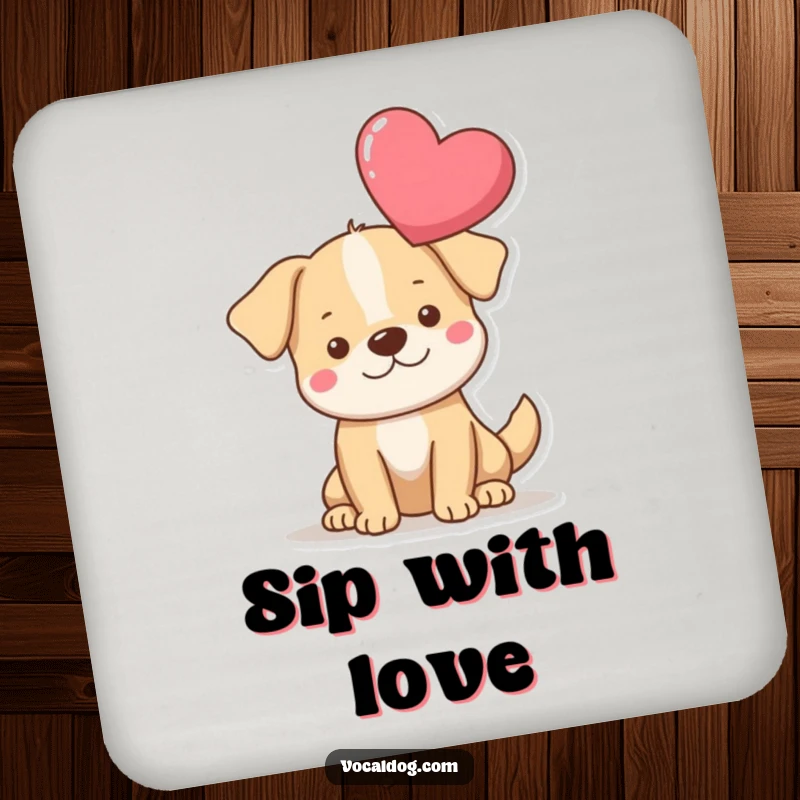 Funny heart dog coasters featuring a dog with a large floating heart, protecting surfaces with humor and love. Perfect funny gift.