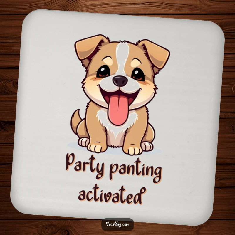 Funny coaster featuring a happy dog panting with its tongue lolling out, adding a touch of pure joy.