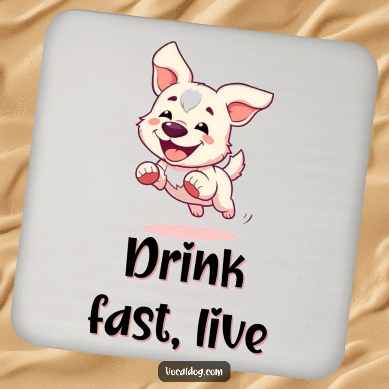 Funny Coasters showcasing a dog joyfully running with ears flapping in the wind, protecting surfaces with humor.