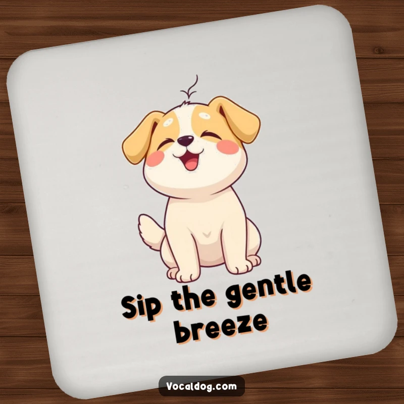 Funny Drink Coasters featuring a happy dog character enjoying a gentle breeze, providing peaceful surface protection.