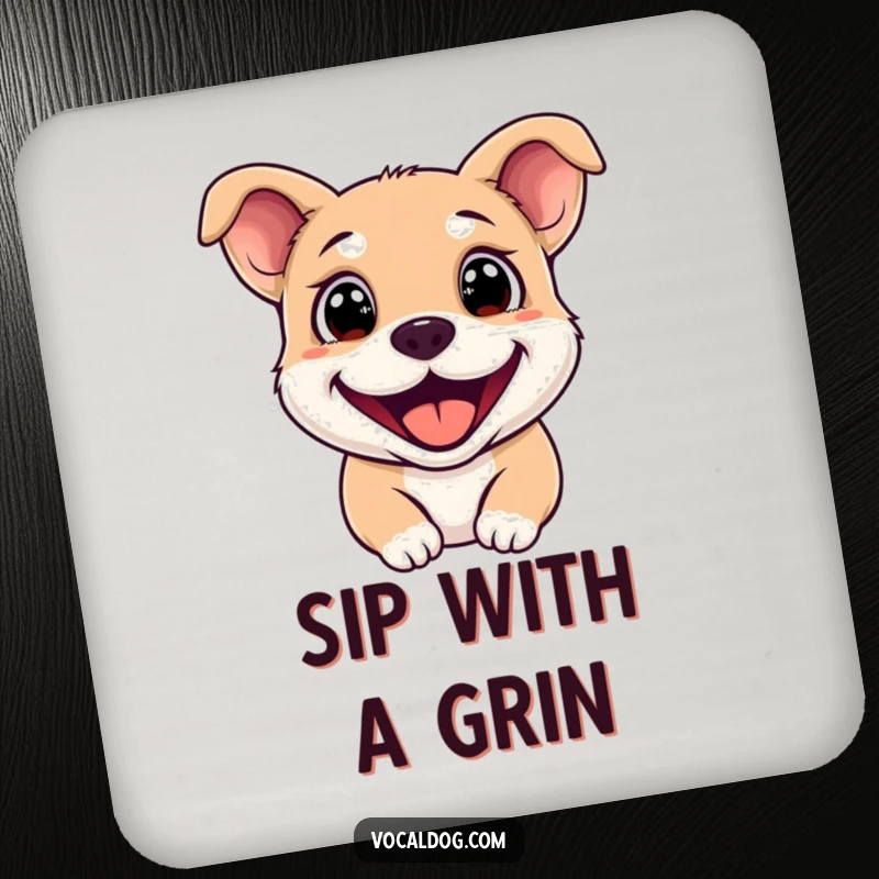 Funny Coasters featuring a happy dog with sparkling eyes and a wide, inviting grin, protecting surfaces with humor.