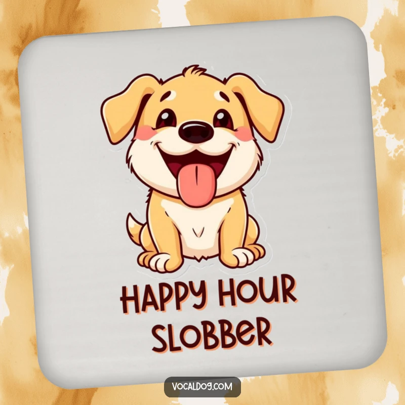 Funny Coasters showcasing a dog character with a wide, beaming grin and its tongue out, protecting surfaces.